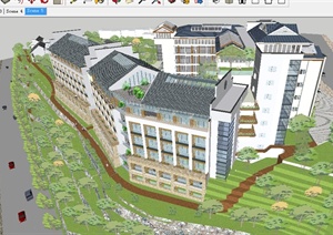 新中式山地度假酒店建筑SU(草图大师)模型