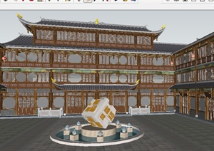 仿古三层餐馆建筑设计SU(草图大师)模型