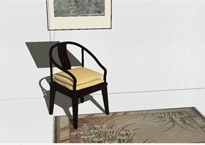 现代中式家具椅子、装饰画及地毯设计SU(草图大师)模型