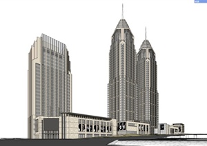 新古典风格超高层商业及双塔酒店SU(草图大师)综合体模型