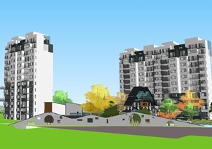 一个新中式小区住宅楼建筑及大门SU(草图大师)模型