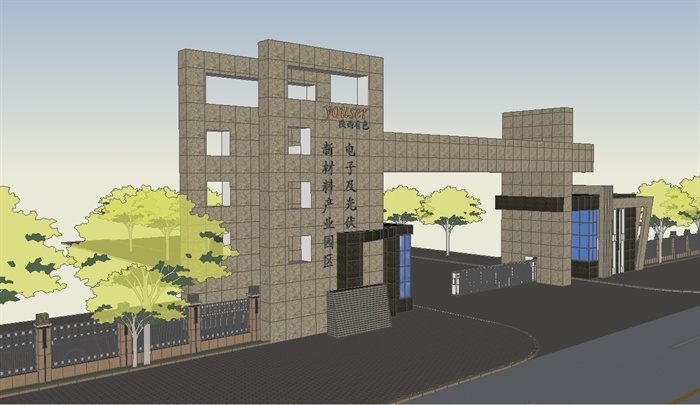 现代工业园大门带围墙SU模型(1)