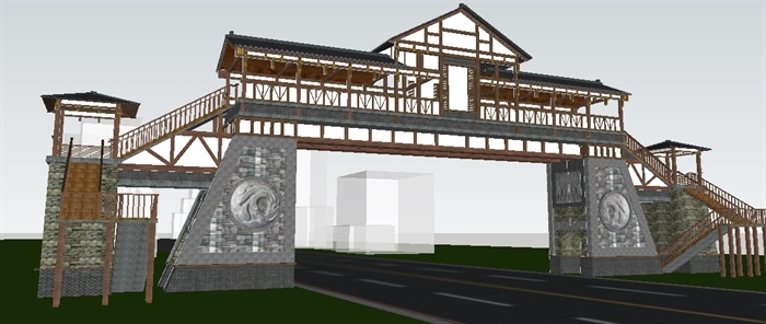 古典中式景区人行天桥设计SU模型