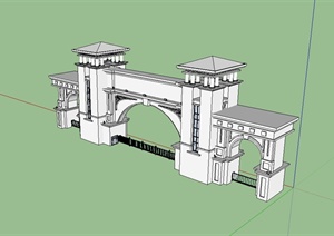 欧式详细完整的学校大门设计SU(草图大师)模型