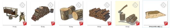 sketchup木材小品带年轮的树桩树墩木头柴火砍柴劈柴树根SU模型(1)