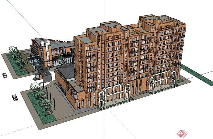 现代小区建筑楼设计效果图SU草图模型含cad方案(3)