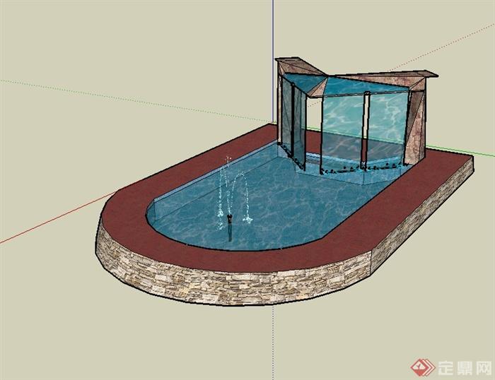 现代风格住宅详细喷泉水池设计su模型(1)