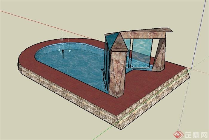 现代风格住宅详细喷泉水池设计su模型(3)