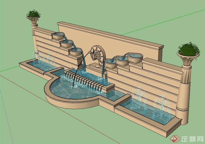 现代风格水池景墙详细设计su模型(1)