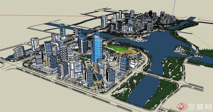 现代风格滨水城市建筑综合楼规划su模型(1)