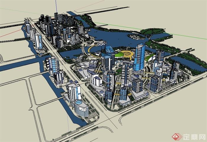 现代风格滨水城市建筑综合楼规划su模型(2)