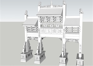 两个现代中式风格的牌坊大门设计SU(草图大师)模型