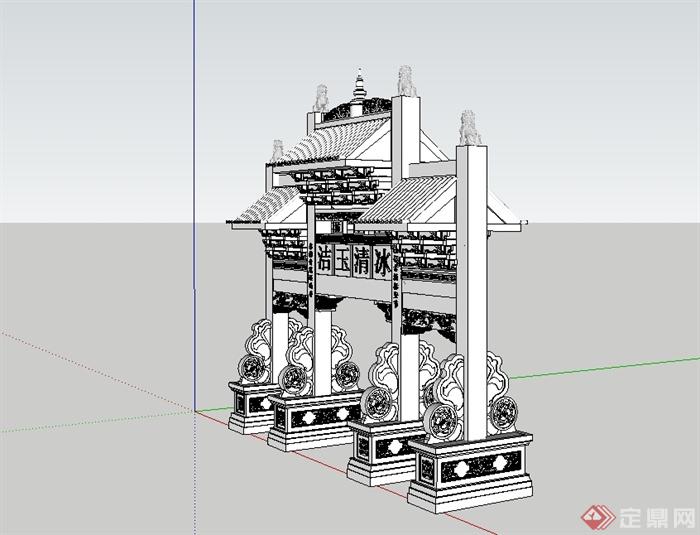 两个现代中式风格的牌坊大门设计su模型(4)