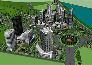 现代风格滨水城市综合建筑楼及景观设计SU(草图大师)模型