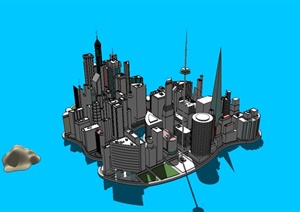 现代风格详细的滨水城市建筑SU(草图大师)模型
