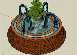 现代喷泉水池树池组合SU(草图大师)模型