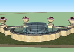 喷泉水池及花钵柱组合SU(草图大师)模型