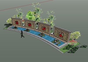 现代风格详细完整的景墙水池设计SU(草图大师)模型