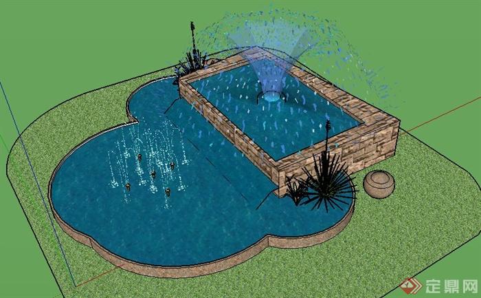 现代组合景观水池su模型(3)
