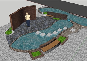 现代风格详细水池水景观设计SU(草图大师)模型
