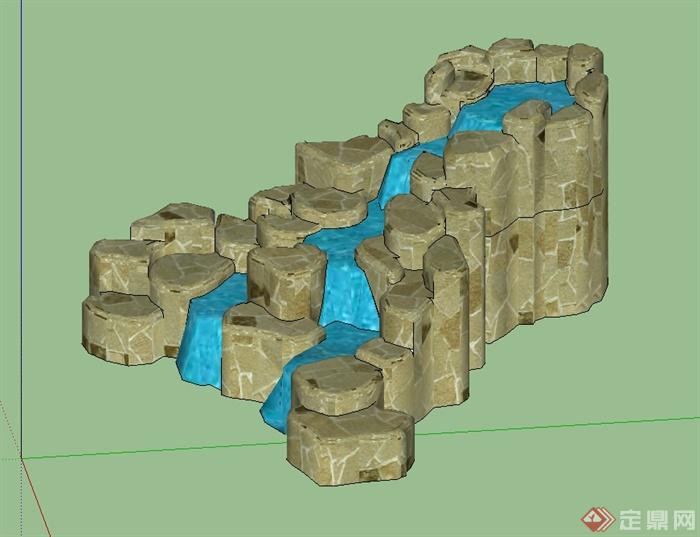 自然石跌水景设计su模型(2)