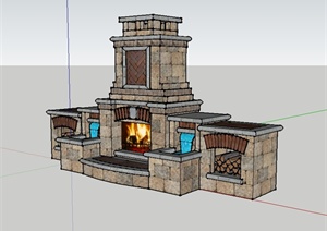 现代风格独特造型的砖砌壁炉设计SU(草图大师)模型