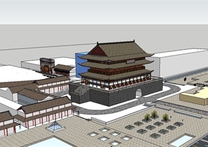 古典中式风格详细的旅游景区建筑楼设计SU(草图大师)模型