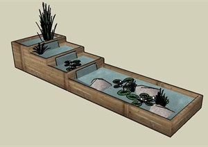 现代风格详细的防腐木跌水池设计SU(草图大师)模型