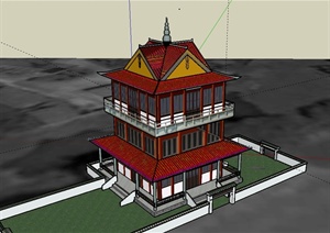 古典中式风格详细的三层旅游景区建筑楼设计SU(草图大师)模型