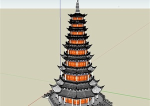 古典中式风格详细的塔楼设计SU(草图大师)模型