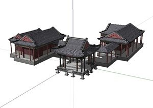 古典中式风格四合院亭房及亭子设计SU(草图大师)模型