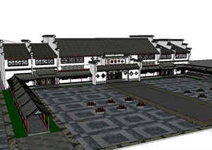 现代中式风格详细游客中心建筑SU(草图大师)模型