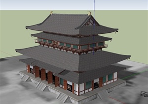 古典中式风格详细的多层鼓楼建筑SU(草图大师)模型