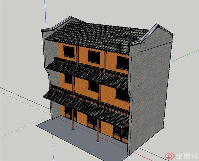 现代中式风格三种改造房住宅建筑su模型(3)