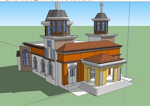 法式风格详细的教堂建筑楼SU(草图大师)模型