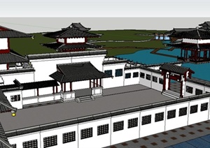 中式风格滨水会所建筑及景观SU(草图大师)模型