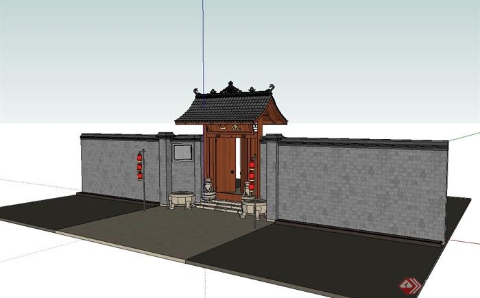 现代中式风格围墙门设计su模型(1)