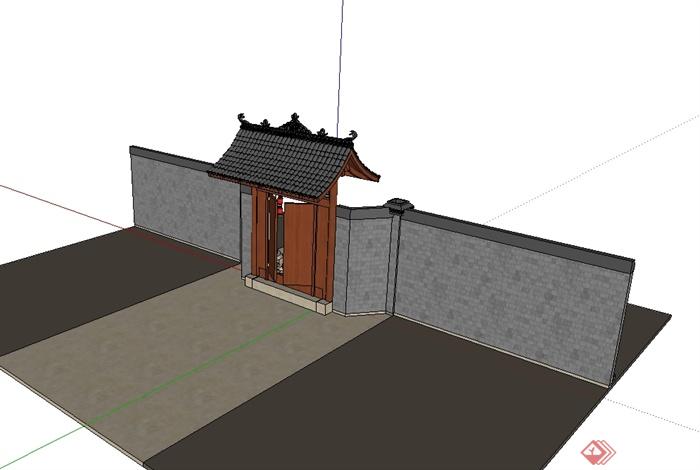 现代中式风格围墙门设计su模型(3)