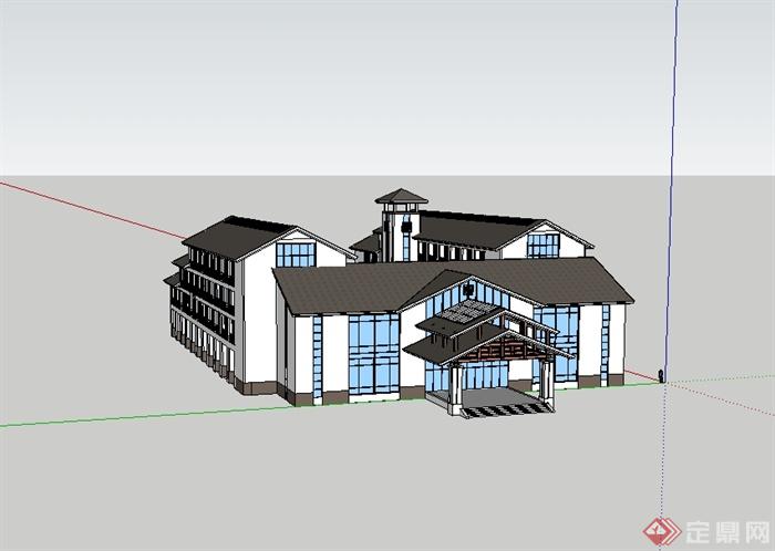 中式酒店详细多层建筑楼设计su模型(2)