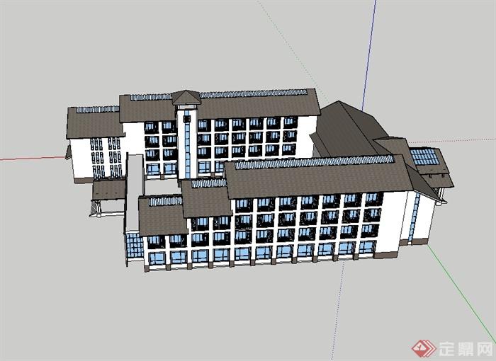 中式酒店详细多层建筑楼设计su模型(3)