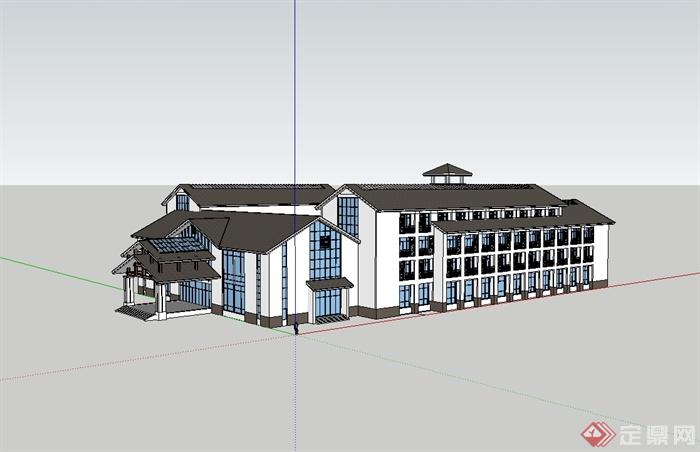 中式酒店详细多层建筑楼设计su模型(1)