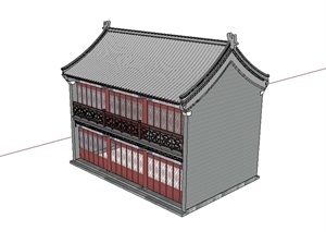 现代中式风格硬山双面商业建筑楼设计SU(草图大师)模型