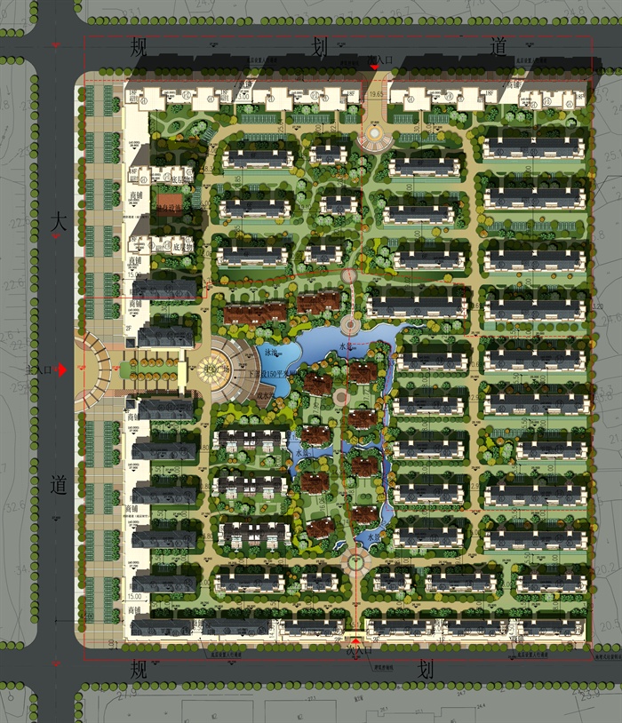 某详细豪华住宅小区整体规划彩色平面图PSD源文件
