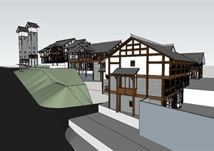 现代中式风格详细的山地商业建筑楼SU(草图大师)模型