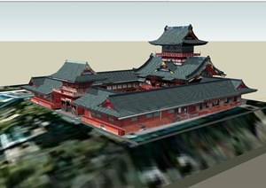 古典中式风格详细完整的寺庙旅游建筑SU(草图大师)模型