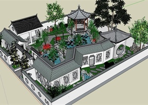 古典中式风格详细的园林庭院最终SU(草图大师)模型