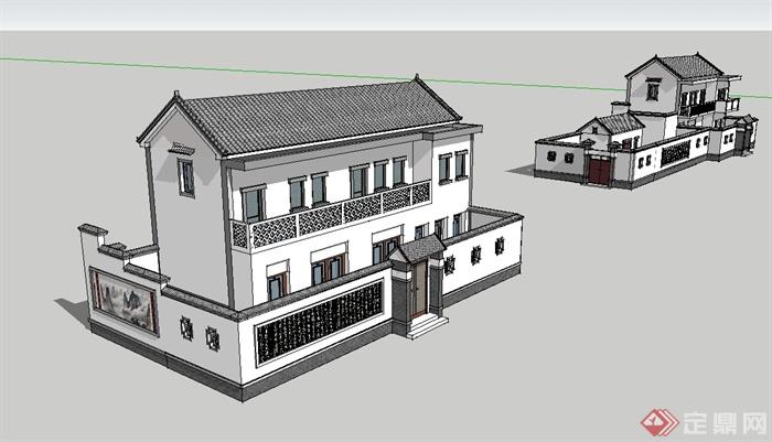 现代中式风格详细的民居小院住宅楼su模型(1)