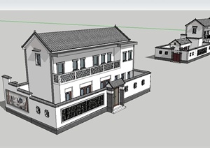 现代中式风格详细的民居小院住宅楼SU(草图大师)模型