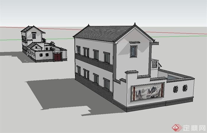 现代中式风格详细的民居小院住宅楼su模型(2)