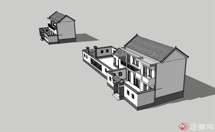 现代中式风格详细的民居小院住宅楼su模型(3)